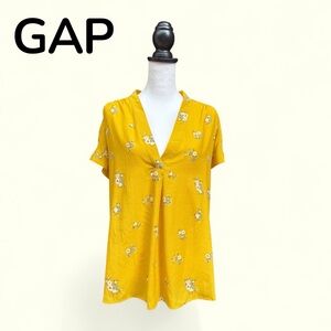 GAP Mustard Floral Blouse V Neck Roll On Short Sleeve Women’s Size L